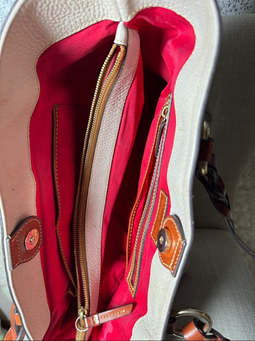 Dooney & Bourke Cream Leather Tote with Brown Handles - Picture 4 of 5
